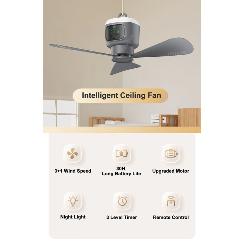 Portable Camping Fan with LED Light and Remote Rechargeable 12000mAh Ceiling Fan