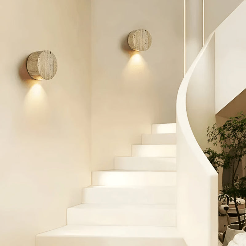 Wabi-Sabi Circle Yellow Travertine Wall Lamp, Natural Stone LED Wall Light for Bedroom, Bedside, Stair, Living Room