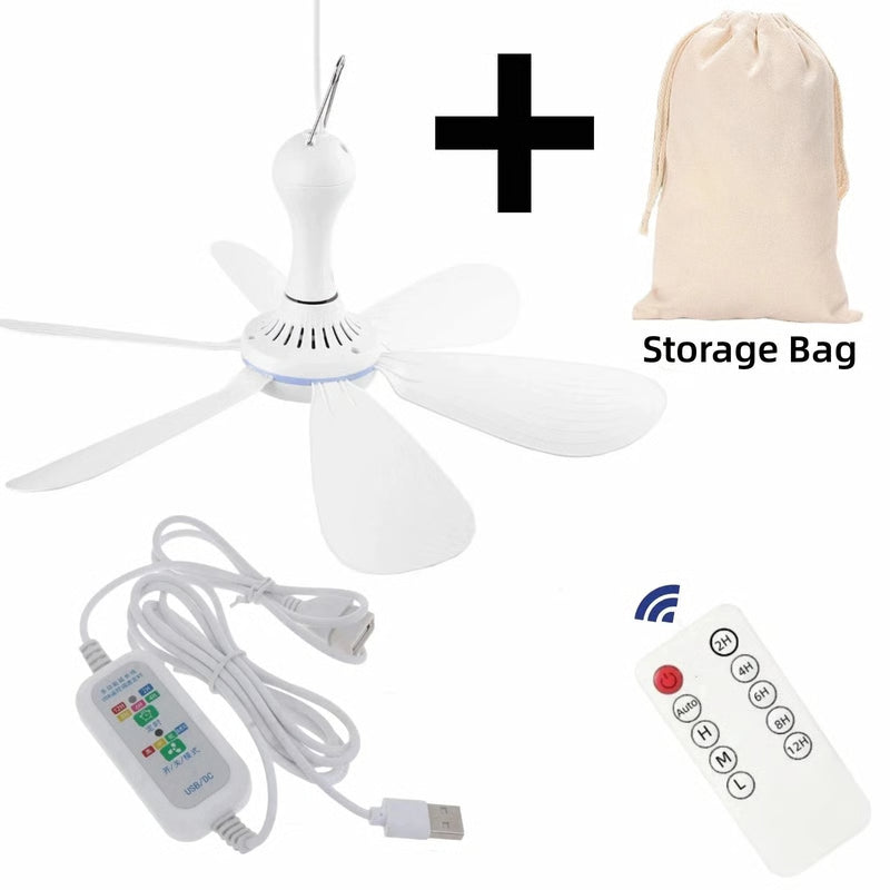 Silent 6 Leaf USB Powered Ceiling Fan with Remote Control for Tent Camping and Dorm
