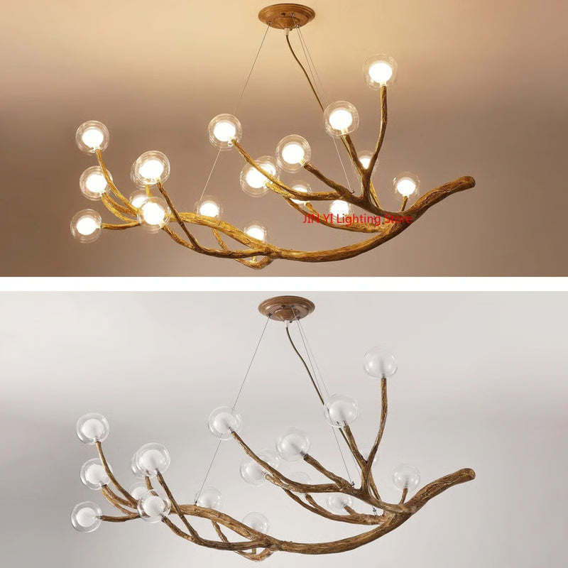 Glass Bubble LED Pendant Chandelier, Retro Resin Iron Tree Branch Hanging Light for Living Room Decoration