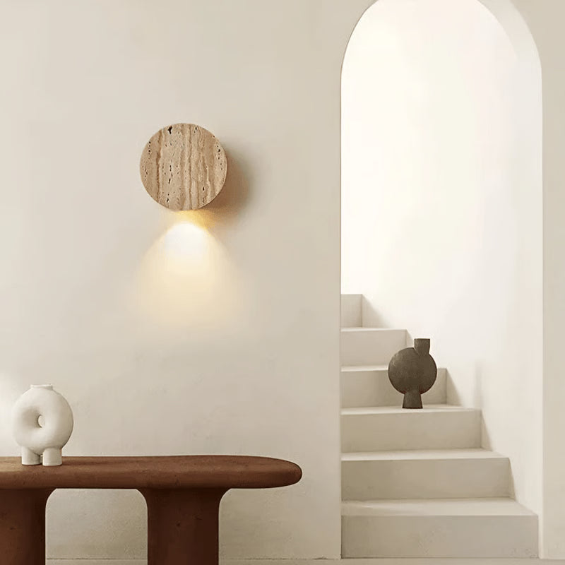 Wabi-Sabi Circle Yellow Travertine Wall Lamp, Natural Stone LED Wall Light for Bedroom, Bedside, Stair, Living Room