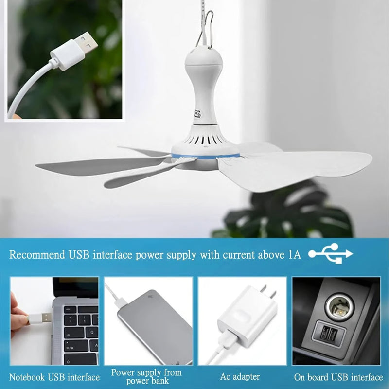Silent 6 Leaf USB Powered Ceiling Fan with Remote Control for Tent Camping and Dorm