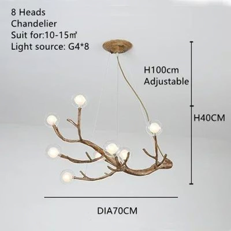 Glass Bubble LED Pendant Chandelier, Retro Resin Iron Tree Branch Hanging Light for Living Room Decoration