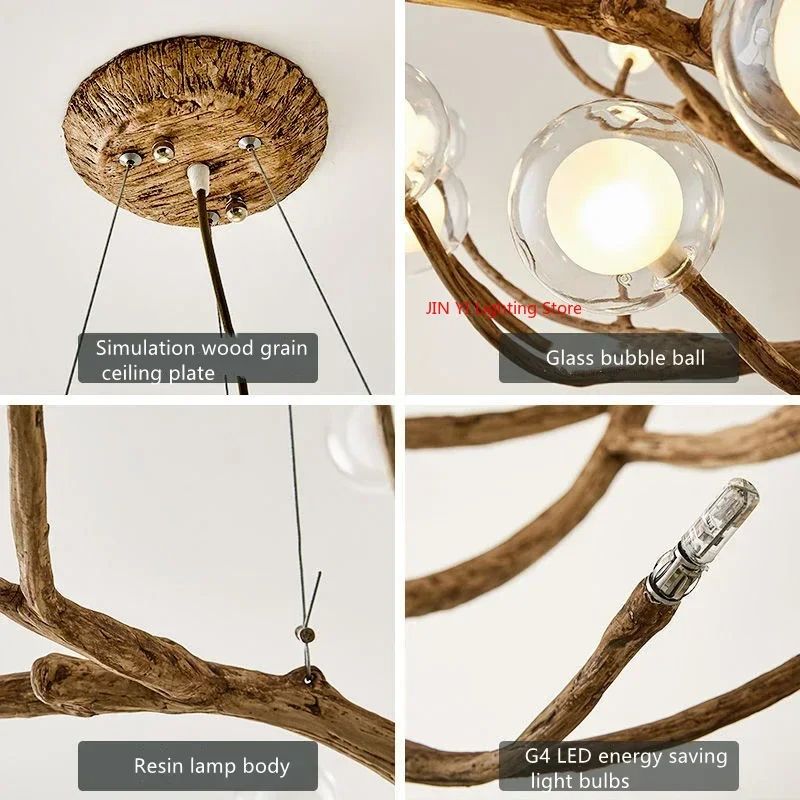 Glass Bubble LED Pendant Chandelier, Retro Resin Iron Tree Branch Hanging Light for Living Room Decoration