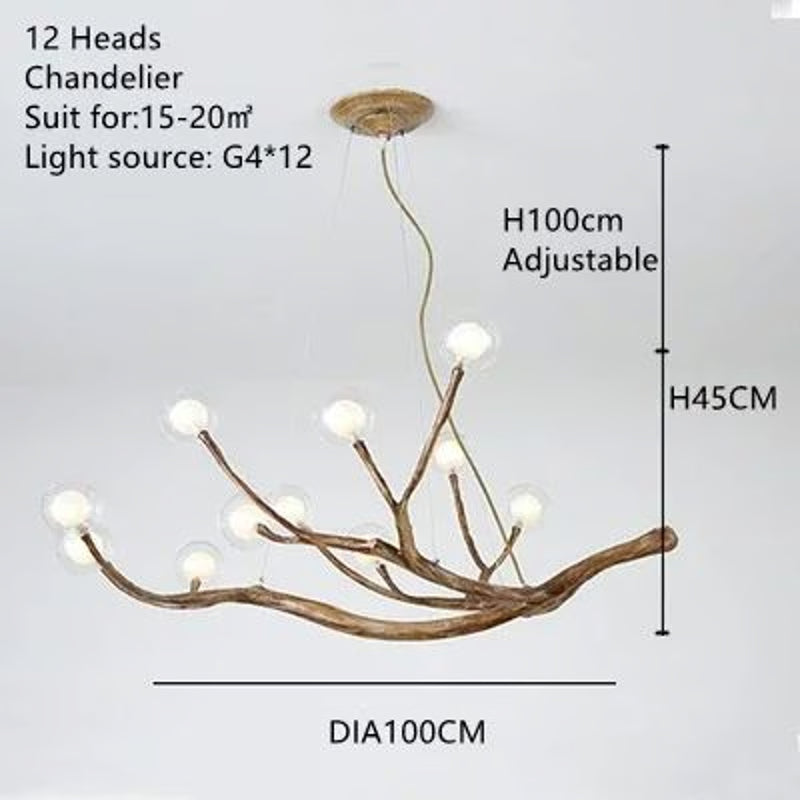Glass Bubble LED Pendant Chandelier, Retro Resin Iron Tree Branch Hanging Light for Living Room Decoration