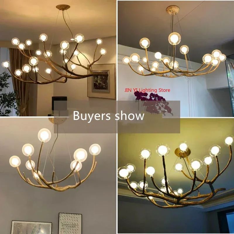 Glass Bubble LED Pendant Chandelier, Retro Resin Iron Tree Branch Hanging Light for Living Room Decoration