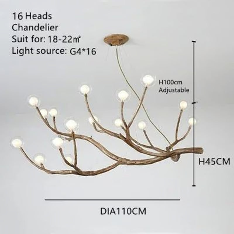 Glass Bubble LED Pendant Chandelier, Retro Resin Iron Tree Branch Hanging Light for Living Room Decoration