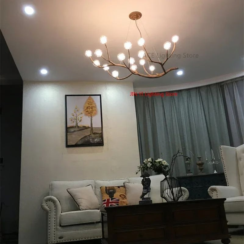 Glass Bubble LED Pendant Chandelier, Retro Resin Iron Tree Branch Hanging Light for Living Room Decoration