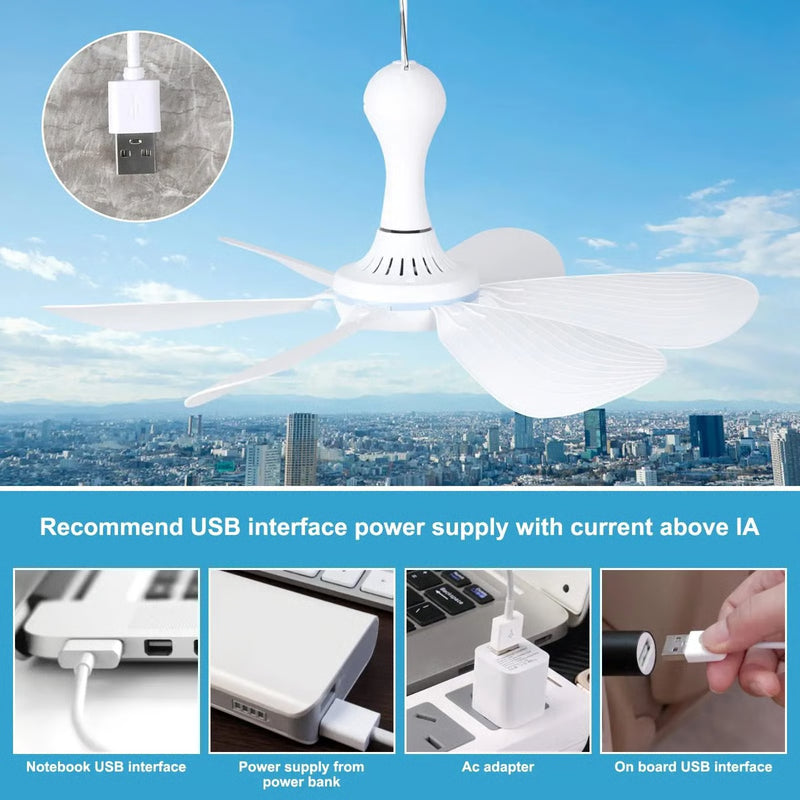 Silent 6 Leaf USB Powered Ceiling Fan with Remote Control for Tent Camping and Dorm
