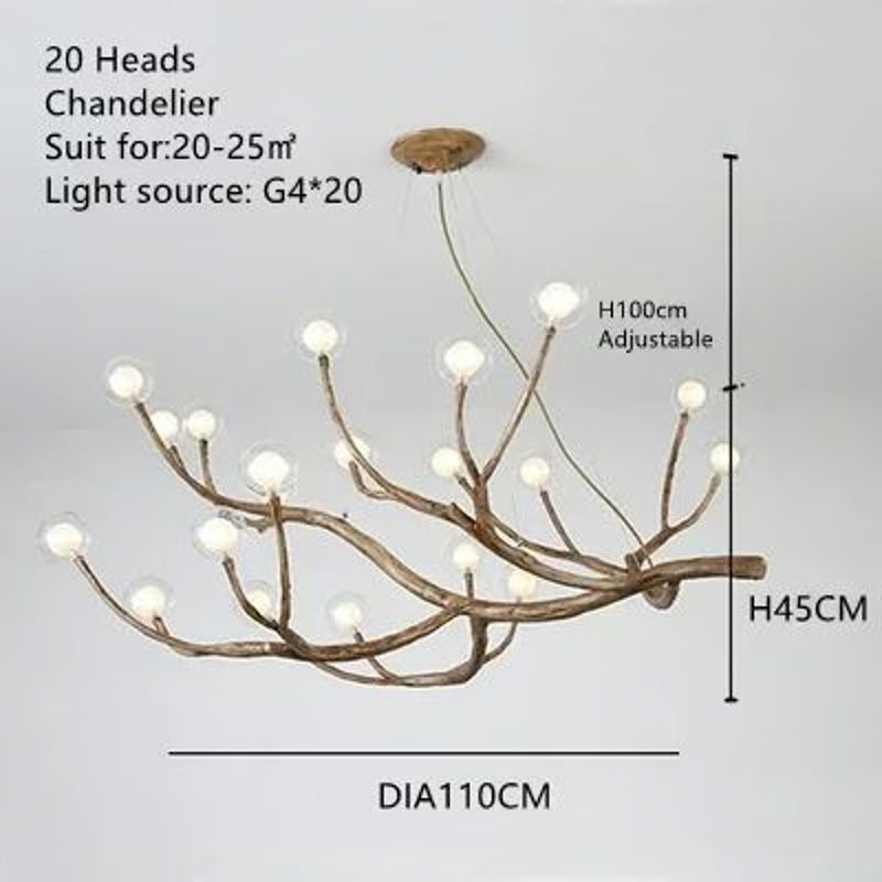 Glass Bubble LED Pendant Chandelier, Retro Resin Iron Tree Branch Hanging Light for Living Room Decoration