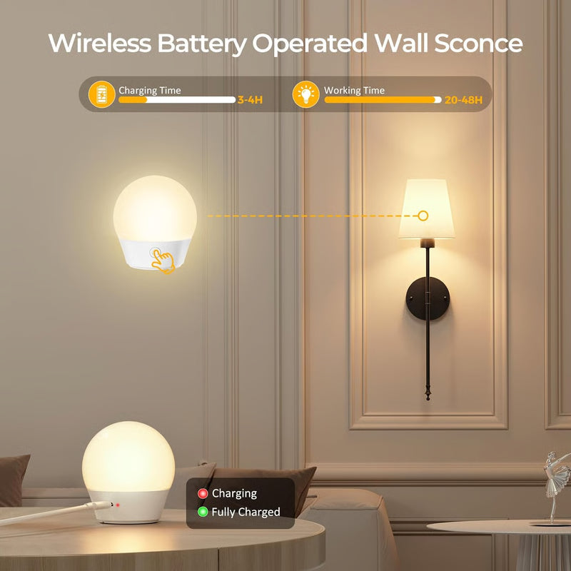 Cordless Wall Lights Set of Battery Operated Wall Sconces with Rechargeable Bulbs Remote Control and Lighting Color