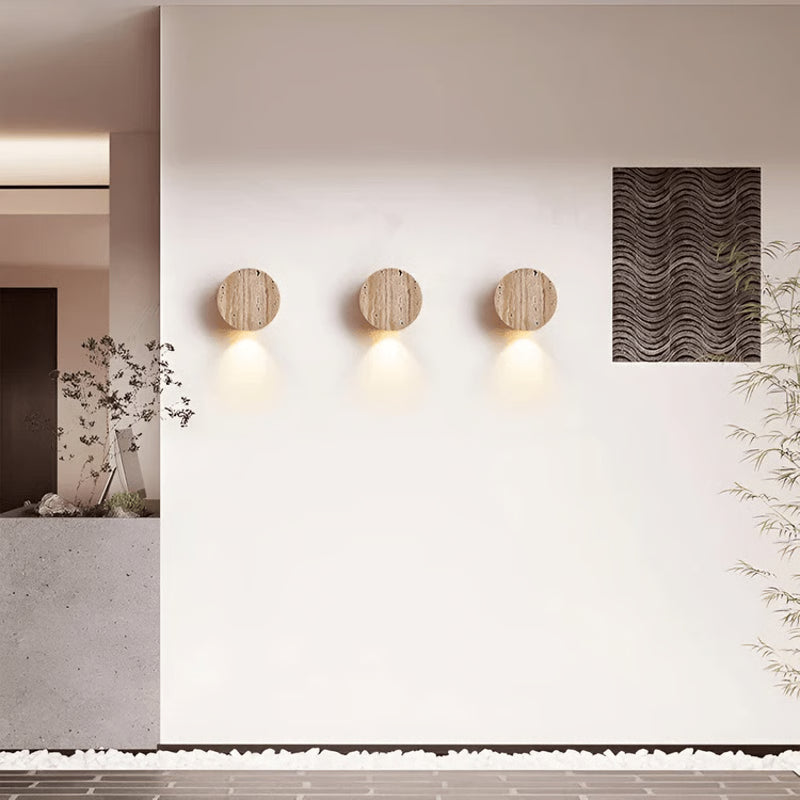 Wabi-Sabi Circle Yellow Travertine Wall Lamp, Natural Stone LED Wall Light for Bedroom, Bedside, Stair, Living Room